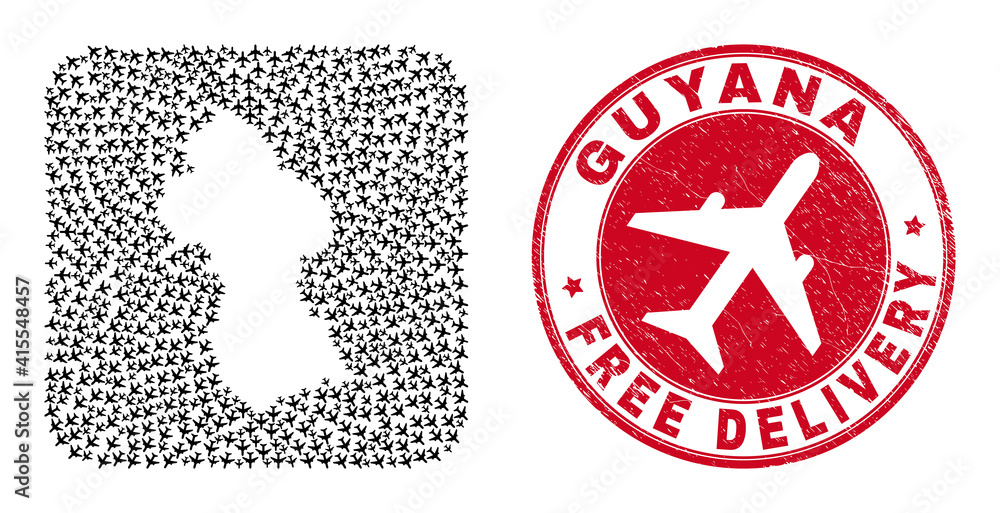 Vector mosaic Guyana map of aircraft elements and grunge Free Delivery badge. Collage geographic Guyana map constructed as hole from rounded square with coming out air force symbols.