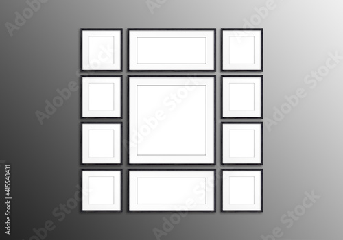 Photo frames collection isolated on black wall, eleven frameworks collage, interior decor mock up 