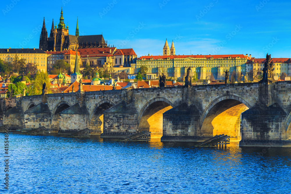 Prague cityscape view with Charles bridge over the Vltava river