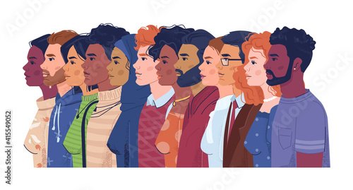Diverse people, multiracial, multicultural crowd of men and women, side view portraits. Vector multi-ethnic group, concept of equality and togetherness. Wellness, independence and freedom, stop racism