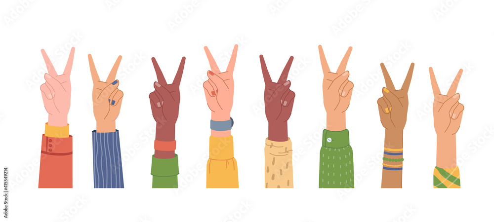 Hands of different nationalities showing symbol of peace and love isolated flat cartoon illustration. Vector diversity of arms, multi ethnic people, diverse of nations, support and friendship concept Hands of different nationalities showing symbol of peace and love isolated flat cartoon illustration. Vector diversity of arms, multi ethnic people, diverse of nations, support and friendship concept