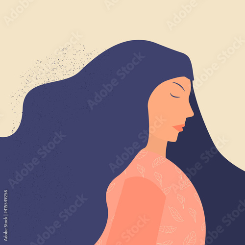 Depressed unhappy woman or girl. Sad lonely Female character in depression, sorrow, sadness with flying hair. Psychological problem, mental disease and brain illness. Flat trendy vector illustration.
