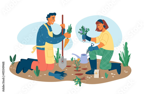 Man and woman gardening plants outside isolated flat cartoon characters. Vector people growing carrot and greens on soil, gathering harvest. Husband with shovel, wife with water can planting flowers