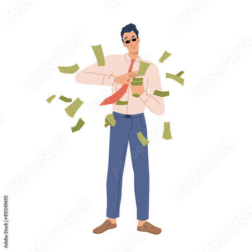Businessman with money flat cartoon character. Vector rich person throwing dollar banknotes, happy rich millionaire throws cash. Guy with poor financial literacy squander money, splash out finance