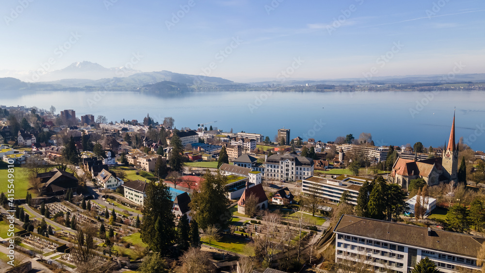 Drone picture of the city of Zug, Switzerland. 