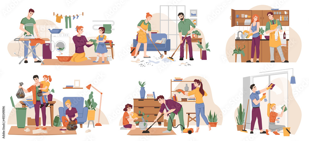 People clean home, family tidy up flat, cartoon characters. Vector set of people doing laundry, ironing cloth, sweeping and cleaning floor, washing wiping dishes and windows. Man with vacuum cleaner People clean home, family tidy up flat, cartoon characters. Vector set of people doing laundry, ironing cloth, sweeping and cleaning floor, washing wiping dishes and windows. Man with vacuum cleaner