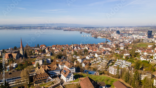 Drone picture of the city of Zug, Switzerland. 