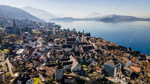 Bild auf Leinwand Drone picture of the city of Zug, Switzerland.