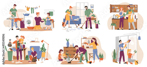 People clean home, family tidy up flat, cartoon characters. Vector set of people doing laundry, ironing cloth, sweeping and cleaning floor, washing wiping dishes and windows. Man with vacuum cleaner