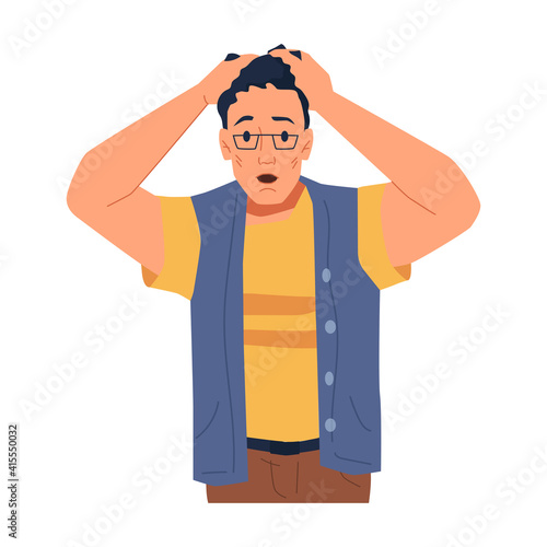 Frustrated male personage holding head with hands. Isolated shocked man wearing glasses. Emotional expression or reaction on events. Terrified or scared. Cartoon character, vector in flat style