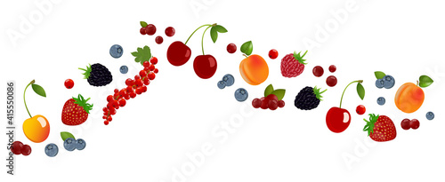 Summer berries banner. Strawberries, blackberries, blueberries, cherries, raspberries, red currants, apricot with leaves. Set of fruits. Vector cartoon illustration