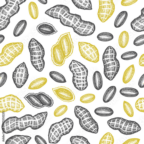 Hand drawn peanut seamless pattern. Organic food vector illustration. Retro nut background. Engraved style botanical picture.