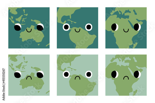 Cute planet Earth character with sad and smiling faces. Kawaii globe. Funny celestial body. Happy Earth Day, Earth Hour, environment safety celebration. Vector flat cartoon illustration