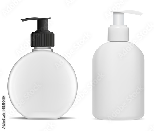 Pump bottle white plastic mockup. Soap dispenser bottle, liquid shower gel container design. Moisturizer package illustration, antibacterial detergent. Face hygiene product mock up