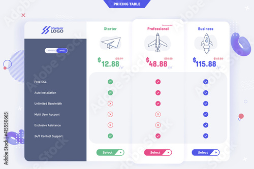 New Modern 3 Plan Pricing Table Template Design