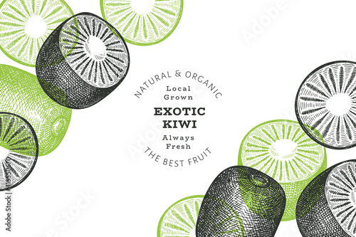 Hand drawn sketch style kiwi banner. Organic fresh fruit vector illustration. Retro kiwi fruit design template