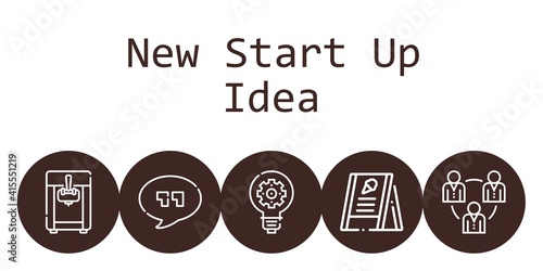 new start up idea background concept with new start up idea icons. Icons related teamwork, idea, ice cream machine, menu, quotes