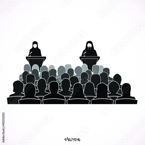 Saudi arab man vector, talking with microphone in conference. Vector illustration.