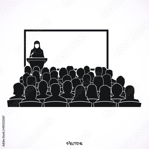 Saudi arab woman vector, talking with microphone in conference. Vector illustration. flat style, black, isolated