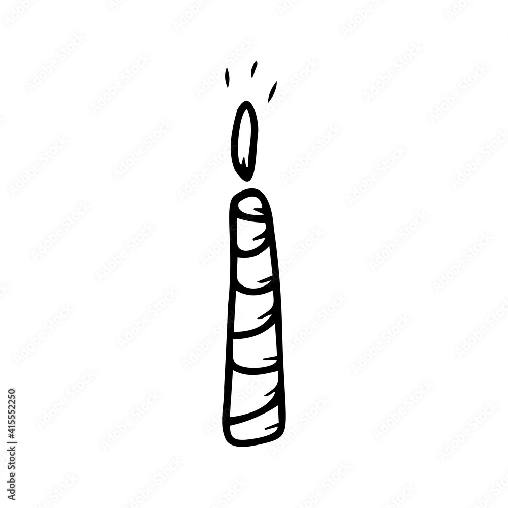 Hand drawn burning candle isolated on a white background. Celebration elements. Doodle, simple outline illustration. It can be used for decoration of textile, paper. Hand drawn burning candle isolated on a white background. Celebration elements. Doodle, simple outline illustration. It can be used for decoration of textile, paper.