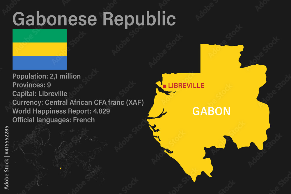 Highly detailed Gabon map with flag, capital and small map of the world