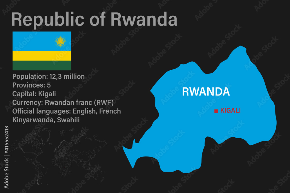 Highly detailed Rwanda map with flag, capital and small map of the world