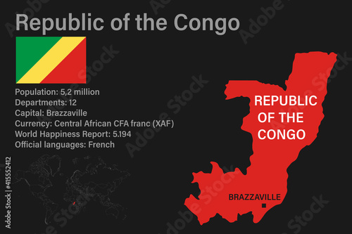 Highly detailed Republic of the Congo map with flag, capital and small map of the world