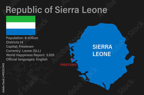 Highly detailed Sierra Leone map with flag, capital and small map of the world