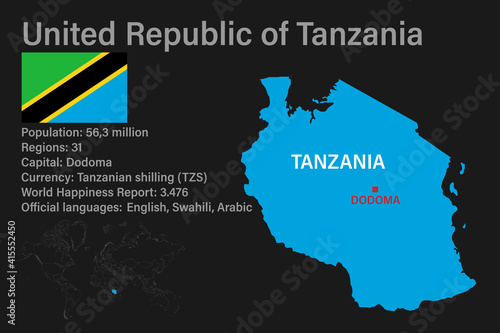 Highly detailed Tanzania map with flag, capital and small map of the world