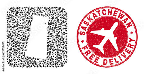 Vector collage Saskatchewan Province map of air force elements and grunge Free Delivery seal.