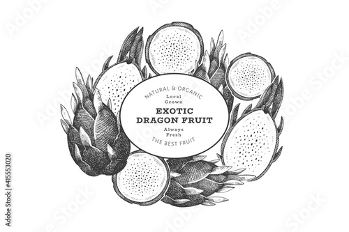 Hand drawn dragon fruit design template. Organic fresh food vector illustration. Retro pitaya fruit banner.