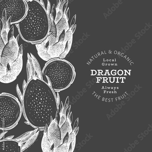 Hand drawn dragon fruit design template. Organic fresh food vector illustration on chalk board. Retro pitaya fruit banner.