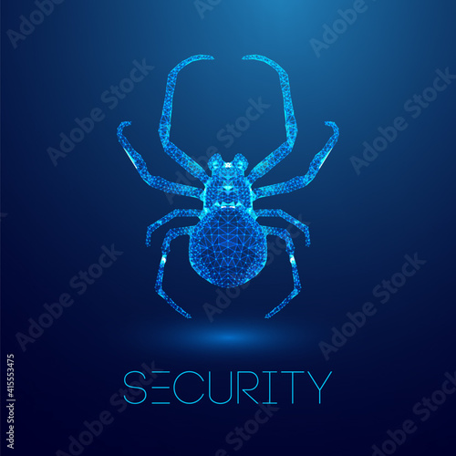 Virus spider in low poly style on blue background. Cybercryme technology network web vector illustration. Internet fraud abstract vector background. Cyber criminal hacker attack.