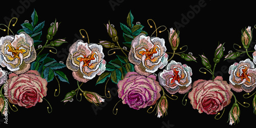 White and pink roses embroidery horizontal seamless pattern. Fashion template for design of clothes, t-shirt design, tapestry. Renaissance flowers background