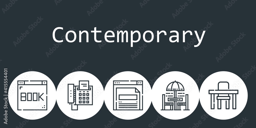 contemporary background concept with contemporary icons. Icons related browser, fax, table, chair and table