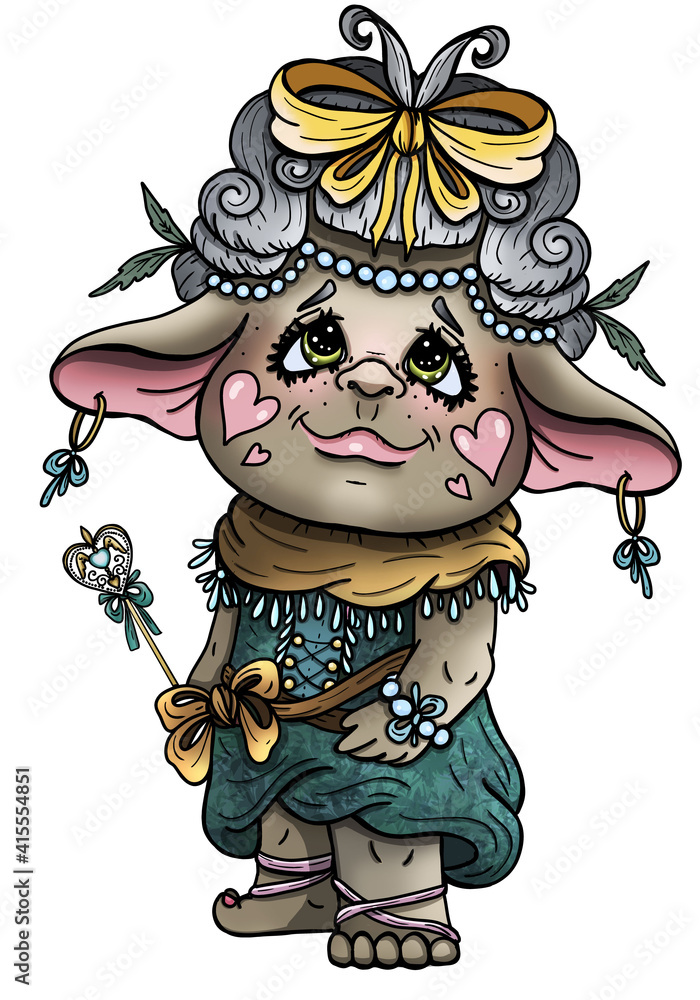 Kind fairytale fairy with magic wand, cute girl troll in wig with large bow-knot, in dress with neckerchief and round earrings, cartoon isolated character with big ears and eyes in full growth. Kind fairytale fairy with magic wand, cute girl troll in wig with large bow-knot, in dress with neckerchief and round earrings, cartoon isolated character with big ears and eyes in full growth.