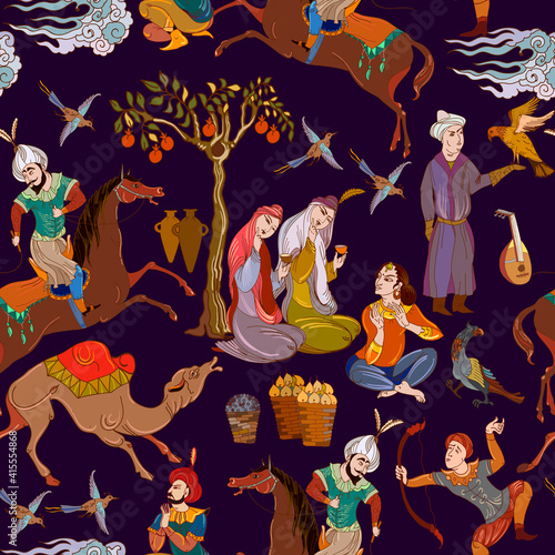 Persian frescoes. Travel of heroes. Ancient civilization murals. Seamless pattern. Ottoman Empire. Fairy tales and legends of the Middle East. Medieval miniature. Mughal art. Horsemen and oasis