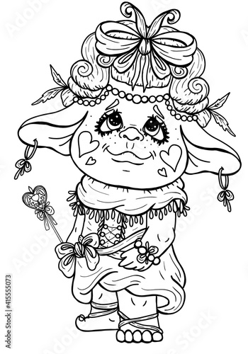 Kind fairytale fairy with magic wand, cute girl troll in wig with large bow-knot, in dress with neckerchief and round earrings, cartoon isolated character with big ears and eyes in full growth.