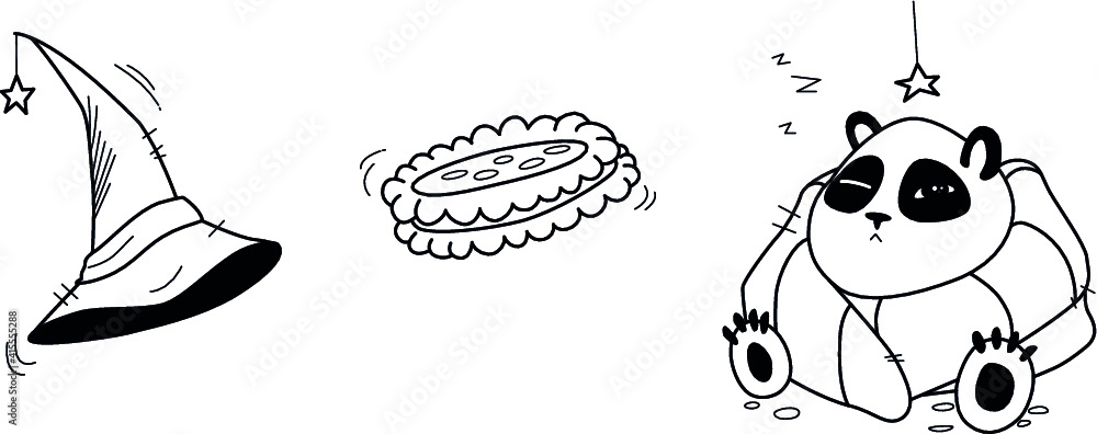 Three black icons cookie or biscuit, witch hat and cute sleepy panda. Three black icons cookie or biscuit, witch hat and cute sleepy panda.