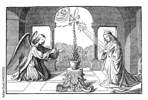 Angel Gabriel speaking to virgin Mary about birth of Jesus and immaculate conception.Bible, New Testament,Luke 1.Vintage antique drawing.