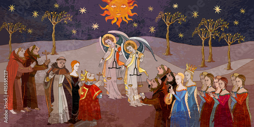 Medieval scene. Angels and people. King pray, miracle phenomenon. Middle Ages parchment style. End of the epidemic, good sign. Coronavirus art. Ancient book illustration