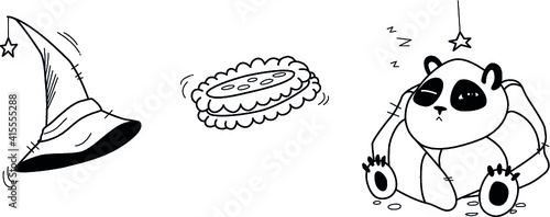 Three black icons cookie or biscuit, witch hat and cute sleepy panda.