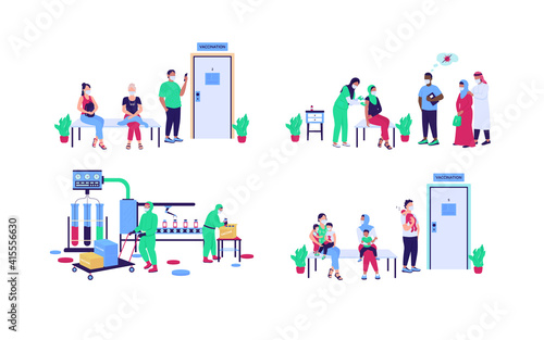 Hospital patients and workers flat color vector faceless character set. Vaccine production. Disease treatment. Vaccination isolated cartoon illustration for web graphic design and animation collection