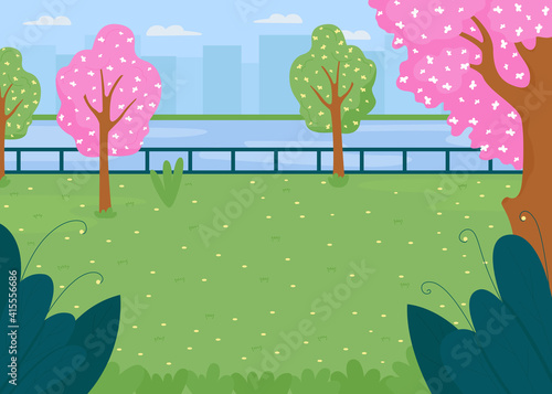 Spring city park field flat color vector illustration. Meadow near river in town district. Lawn for outdoor activity. Springtime 2D cartoon cityscape with skyscrapers on background