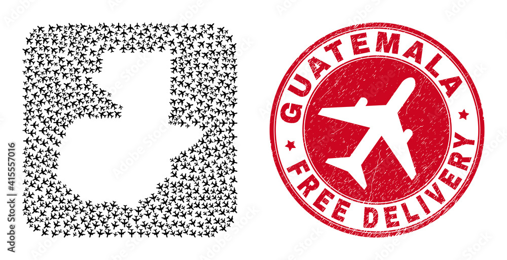 Vector collage Guatemala map of air force items and grunge Free Delivery seal stamp. Mosaic geographic Guatemala map designed as carved shape from rounded square shape with flying away aviation items. Vector collage Guatemala map of air force items and grunge Free Delivery seal stamp. Mosaic geographic Guatemala map designed as carved shape from rounded square shape with flying away aviation items.
