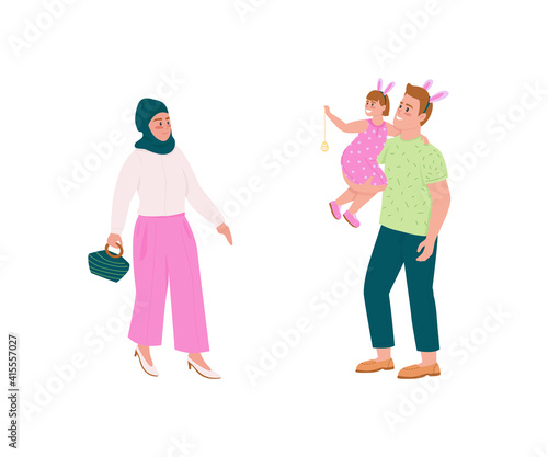 Happy family flat color vector detailed character set. Muslim woman. Father and daughter in bunny ears. Spring holiday isolated cartoon illustration for web graphic design and animation collection