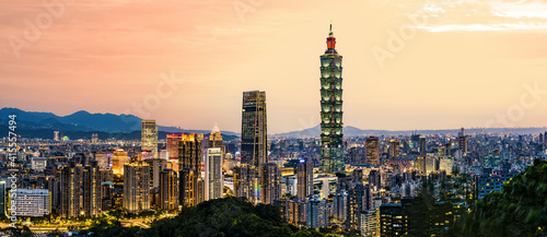 View from above, stunning view of the Taipei City skyline illuminated during a beautiful sunset. Panoramic view from Mount Elephant, Taipei, Taiwan