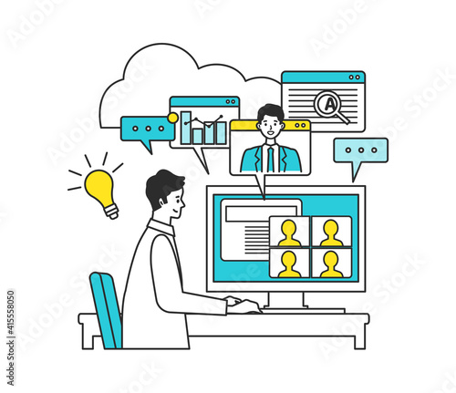 Telecommuting concept. Vector illustration of man solve the problem via telecommuting system. Concept for Business