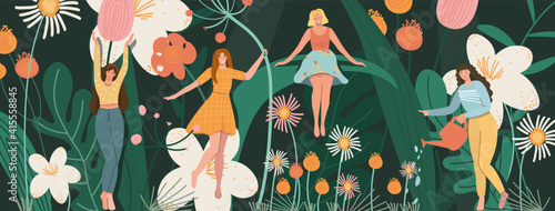 Spring time background.Seasons cute banners.Girls with flowers and leaf.Flat cartoon vector illustration.Can be used for card, poster, flyer, web, wallpapers.Happy gardening.Women's Day.Lifestyle