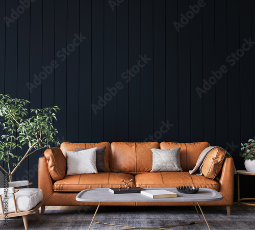 Fotografia Mockup wall in dark living room interior background, farmhouse style, 3d render